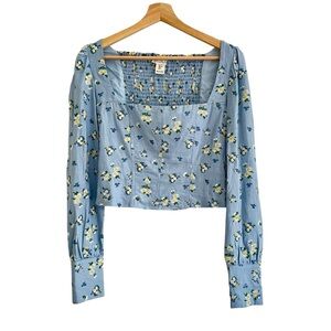 Embroidered Floral Milkmaid Smocked Top  Size S Coquette Prairie Boho Linen